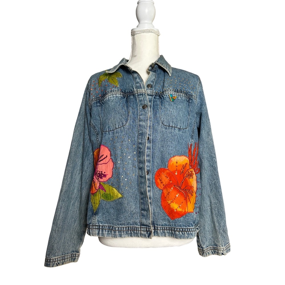 Vintage‎ Denim Jacket Floral Embellished Sequins PL Tropical Boho Eclectic